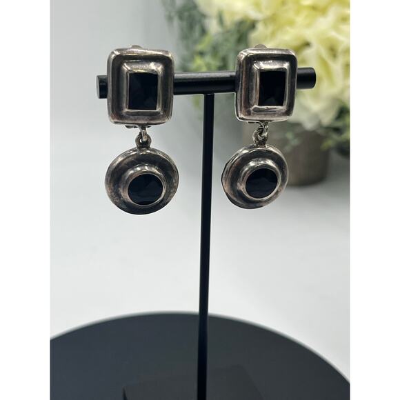 MEXICO Stamped Sterling Vintage 925 Silver Dangle Inlay Black Onyx Clip
Earrings - Picture 2 of 10